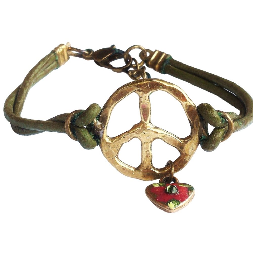 NEW Small Peace Sign Green Leather Cord Bracelet Heart Charm Painted Flower